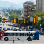 Intercity bus traveling between US cities with passengers on a comfortable long-distance bus journey