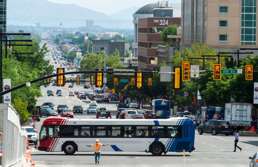 Intercity bus traveling between US cities with passengers on a comfortable long-distance bus journey